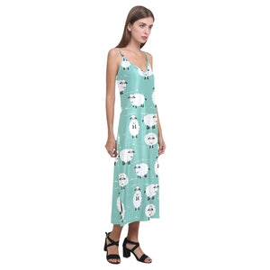 Cute sheep green background V-Neck Open Fork Long Dress