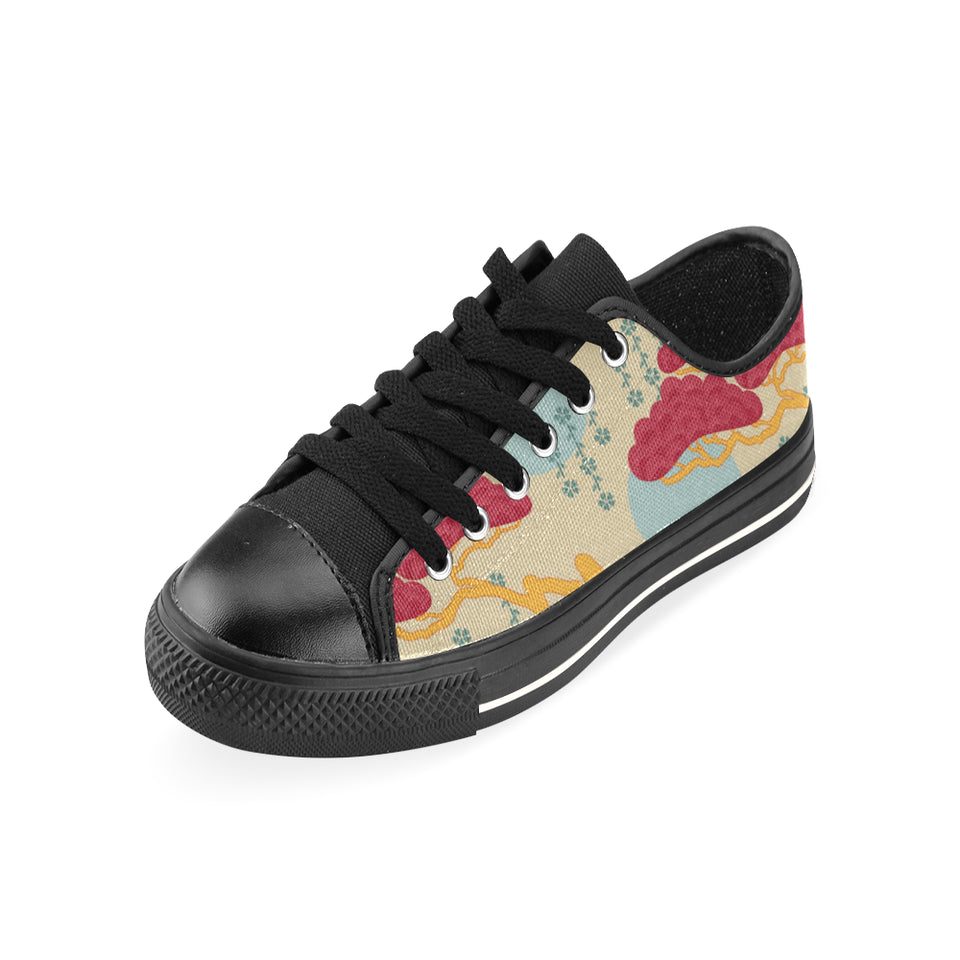 Red Bonsai gray sun japanese pattern Men's Low Top Canvas Shoes Black