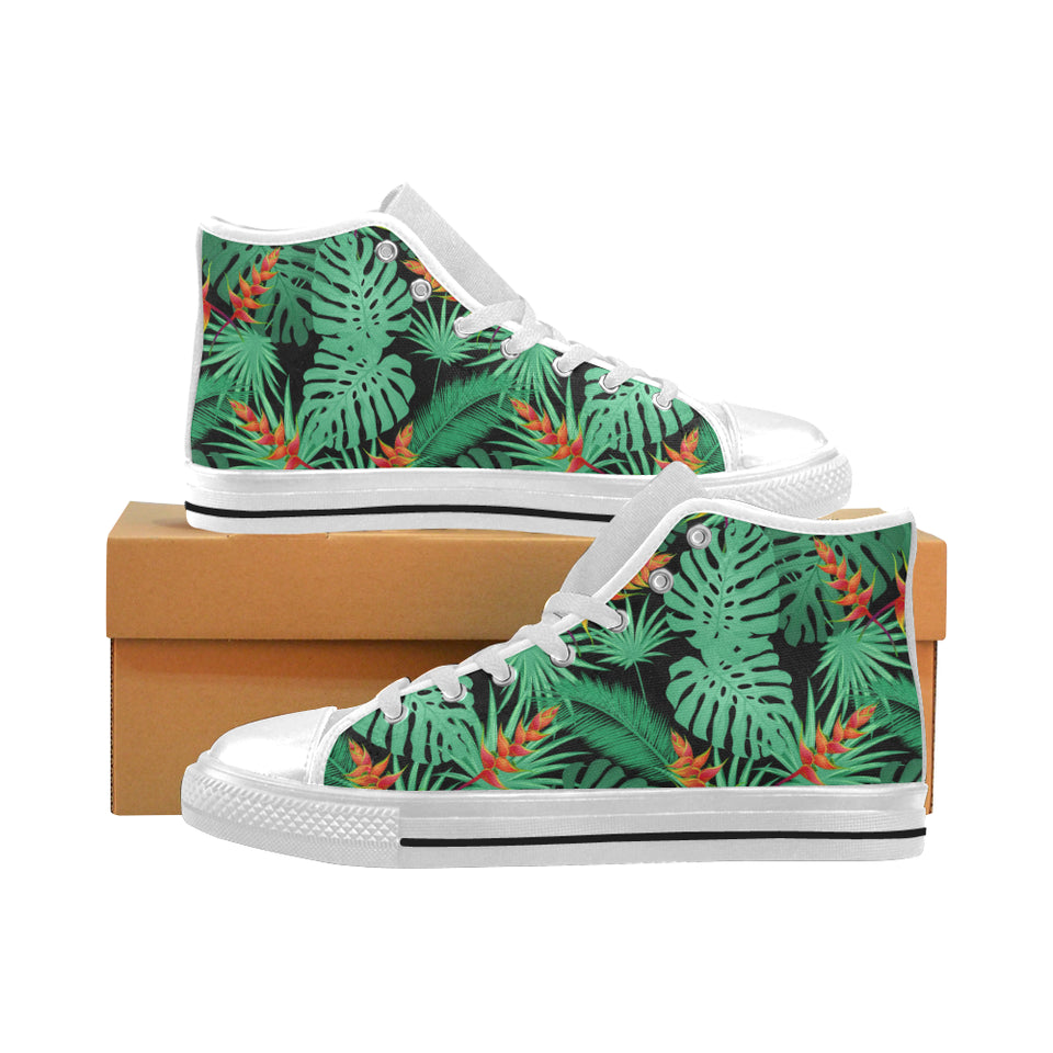 heliconia flower palm monstera leaves black backgr Men's High Top Canvas Shoes White