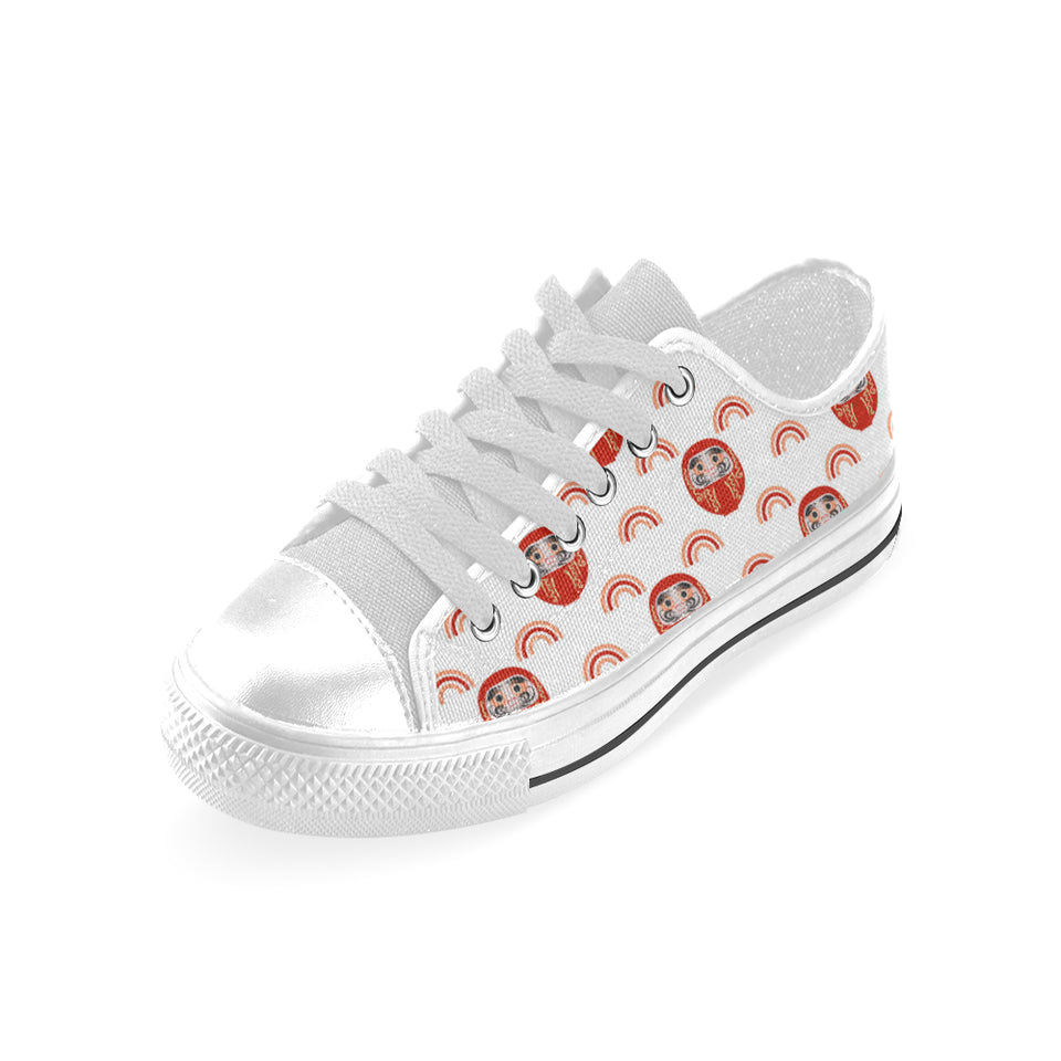Daruma japanese wooden doll design pattern Men's Low Top Canvas Shoes White