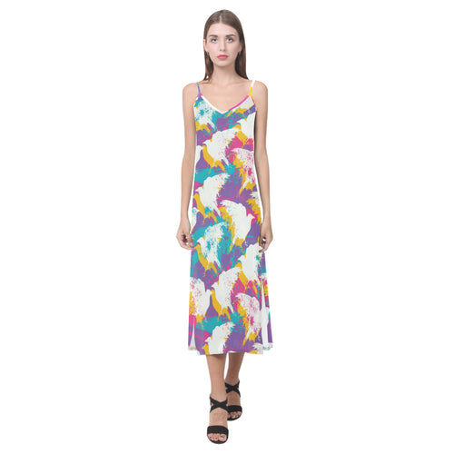 Colorful crow illustration pattern V-Neck Open Fork Long Dress