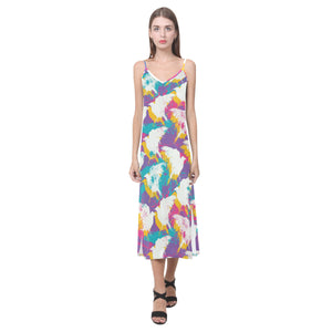 Colorful crow illustration pattern V-Neck Open Fork Long Dress