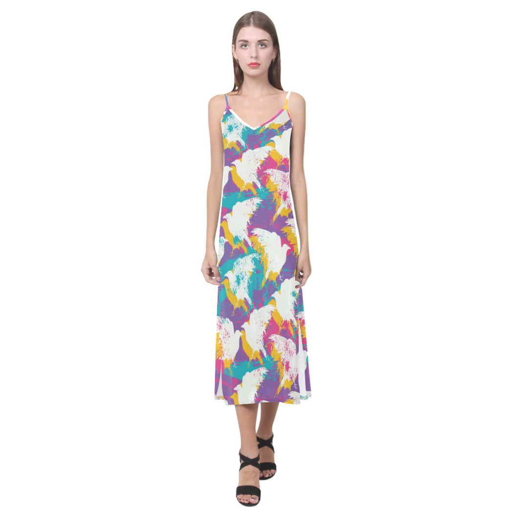 Colorful crow illustration pattern V-Neck Open Fork Long Dress