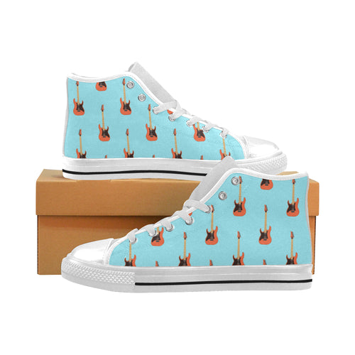 electric guitar pattern light blue background Men's High Top Canvas Shoes White