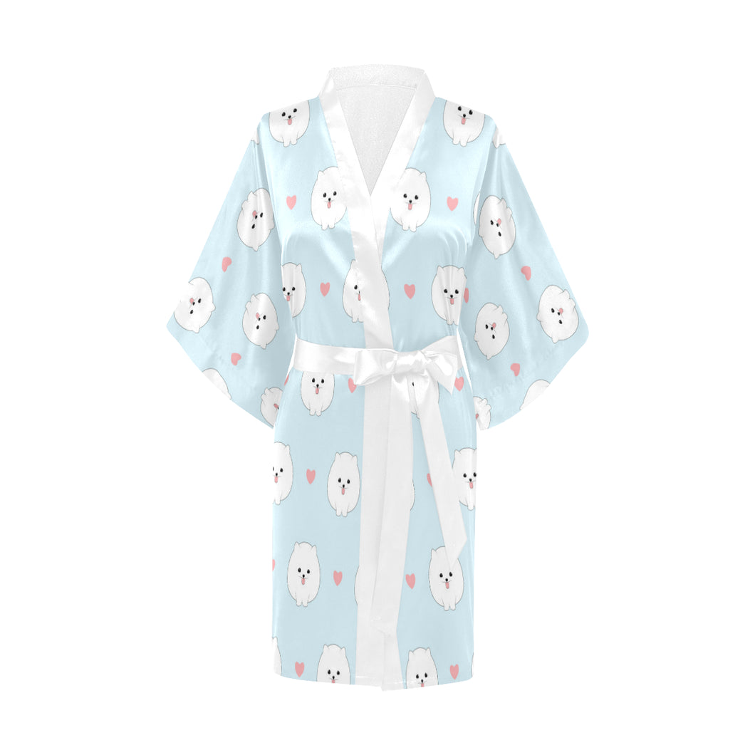 White cute pomeranian pattern Women's Short Kimono Robe