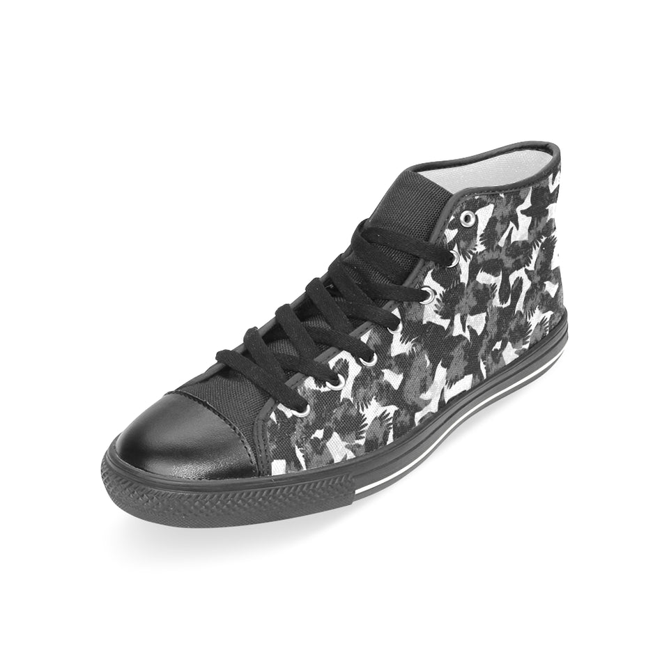 Crow illustration pattern Women's High Top Canvas Shoes Black