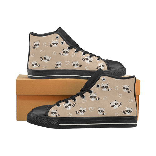 Cute raccoon heart pattern Women's High Top Canvas Shoes Black