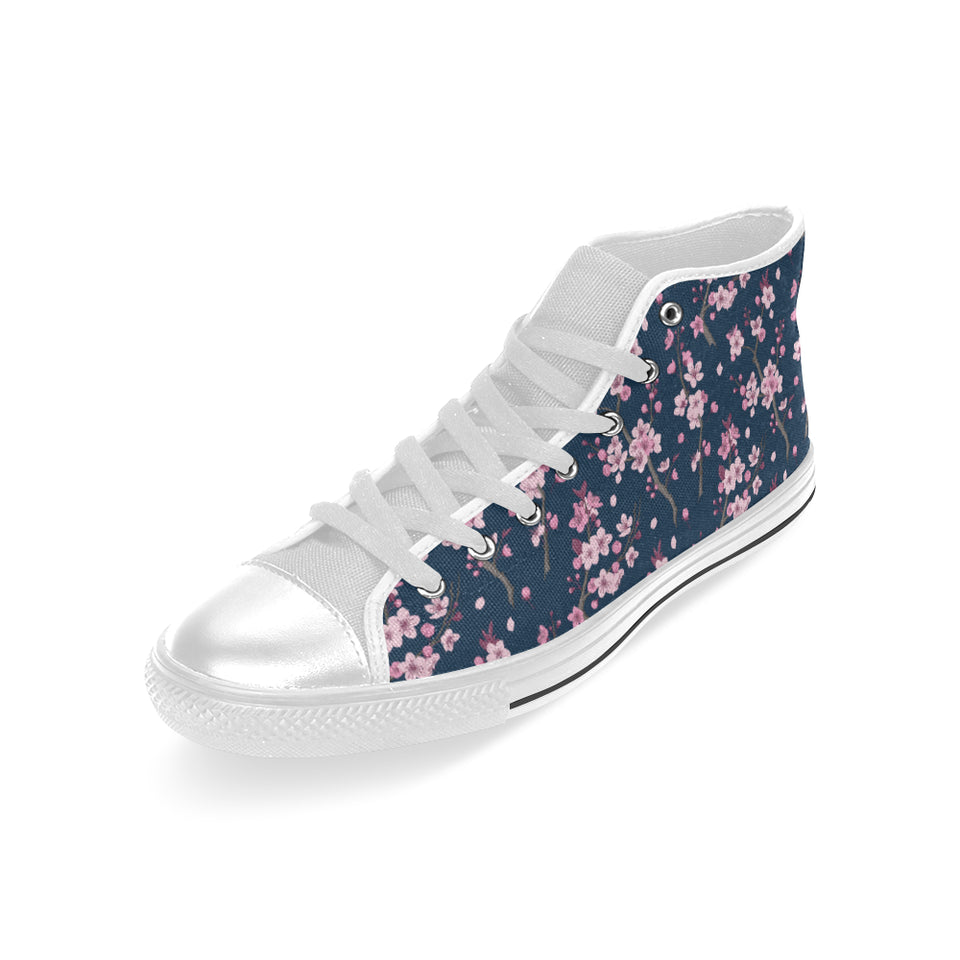 Pink sakura cherry blossom blue background Men's High Top Canvas Canvas Shoes White