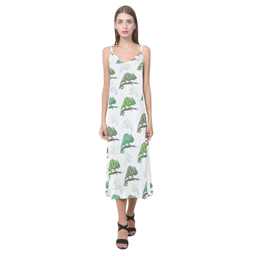Chameleon lizard pattern V-Neck Open Fork Long Dress