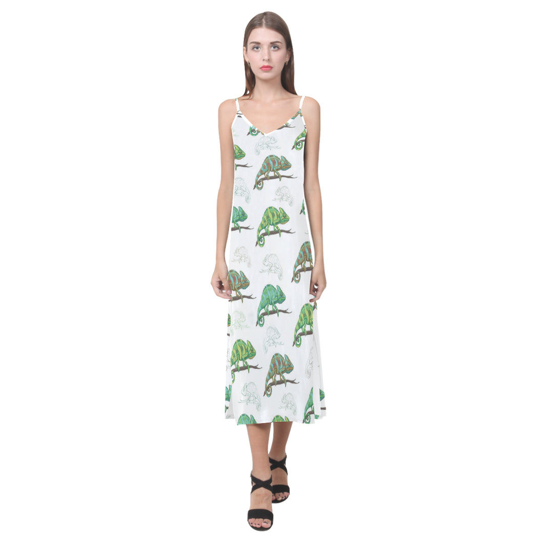 Chameleon lizard pattern V-Neck Open Fork Long Dress