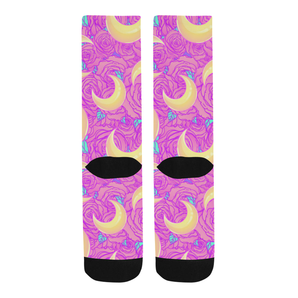 Moon pink rose background Crew Socks