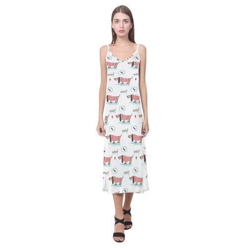 Cute dachshund bone pattern V-Neck Open Fork Long Dress