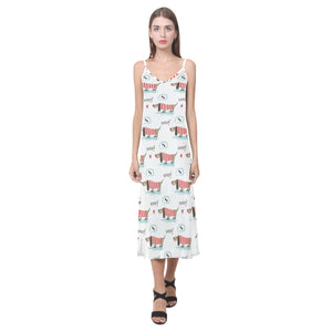 Cute dachshund bone pattern V-Neck Open Fork Long Dress