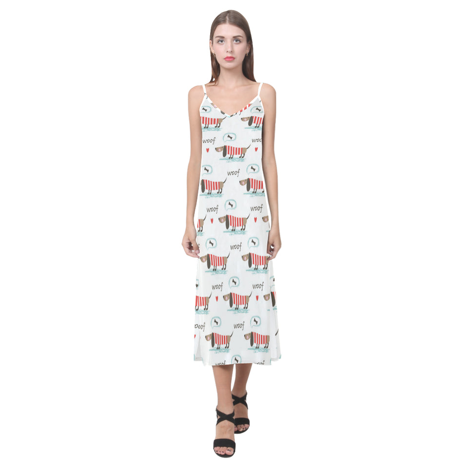 Cute dachshund bone pattern V-Neck Open Fork Long Dress