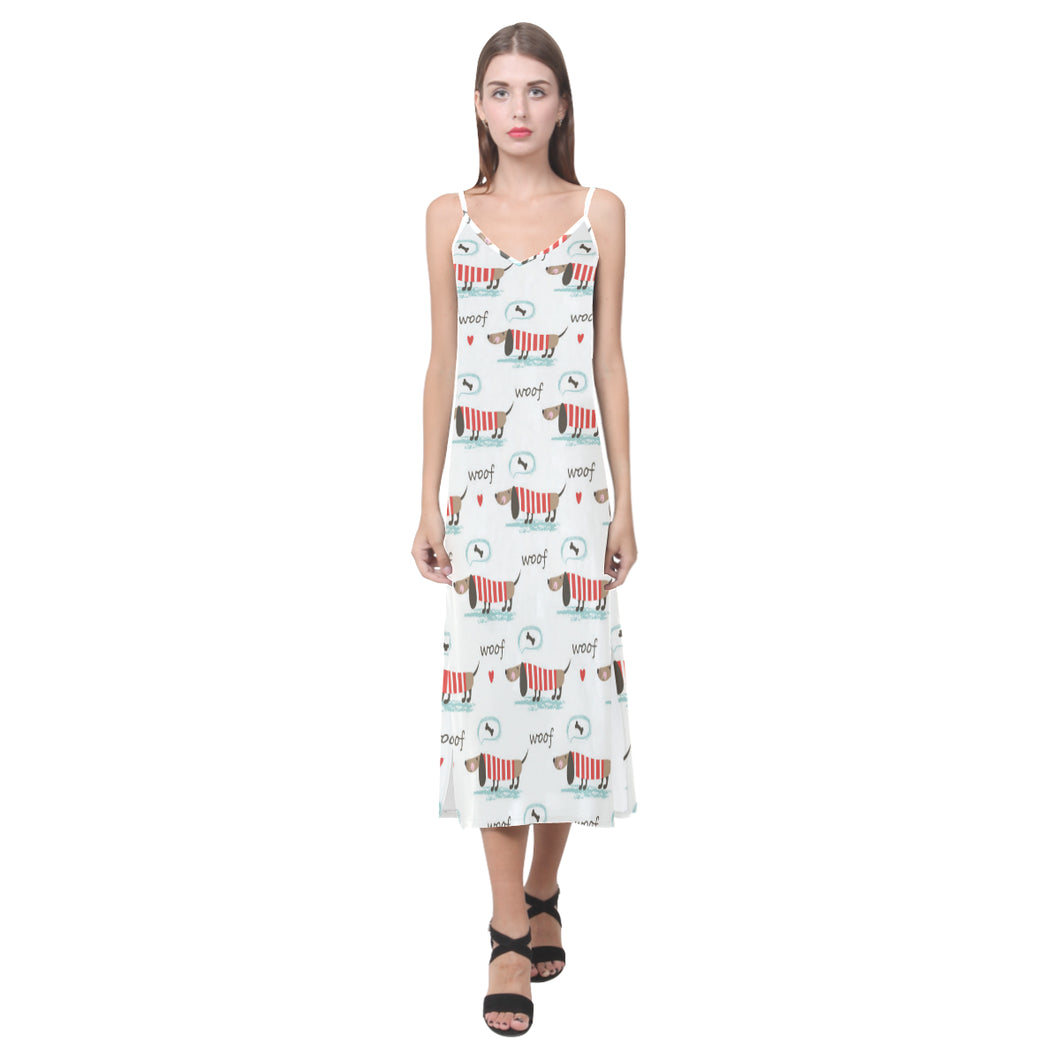 Cute dachshund bone pattern V-Neck Open Fork Long Dress