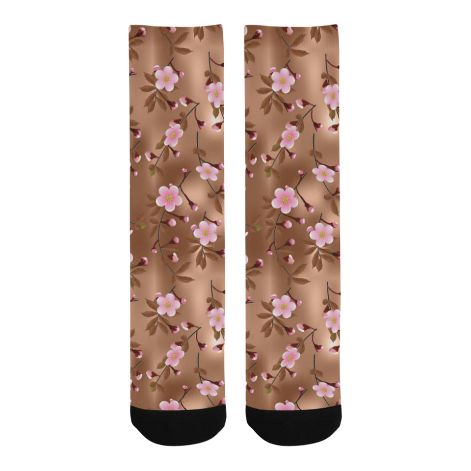 Pink sakura cherry blossom drak brown background Crew Socks