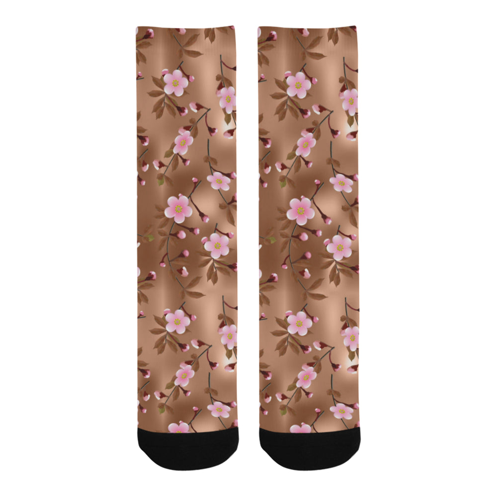 Pink sakura cherry blossom drak brown background Crew Socks