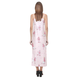 Poodle dog pink color theme V-Neck Open Fork Long Dress