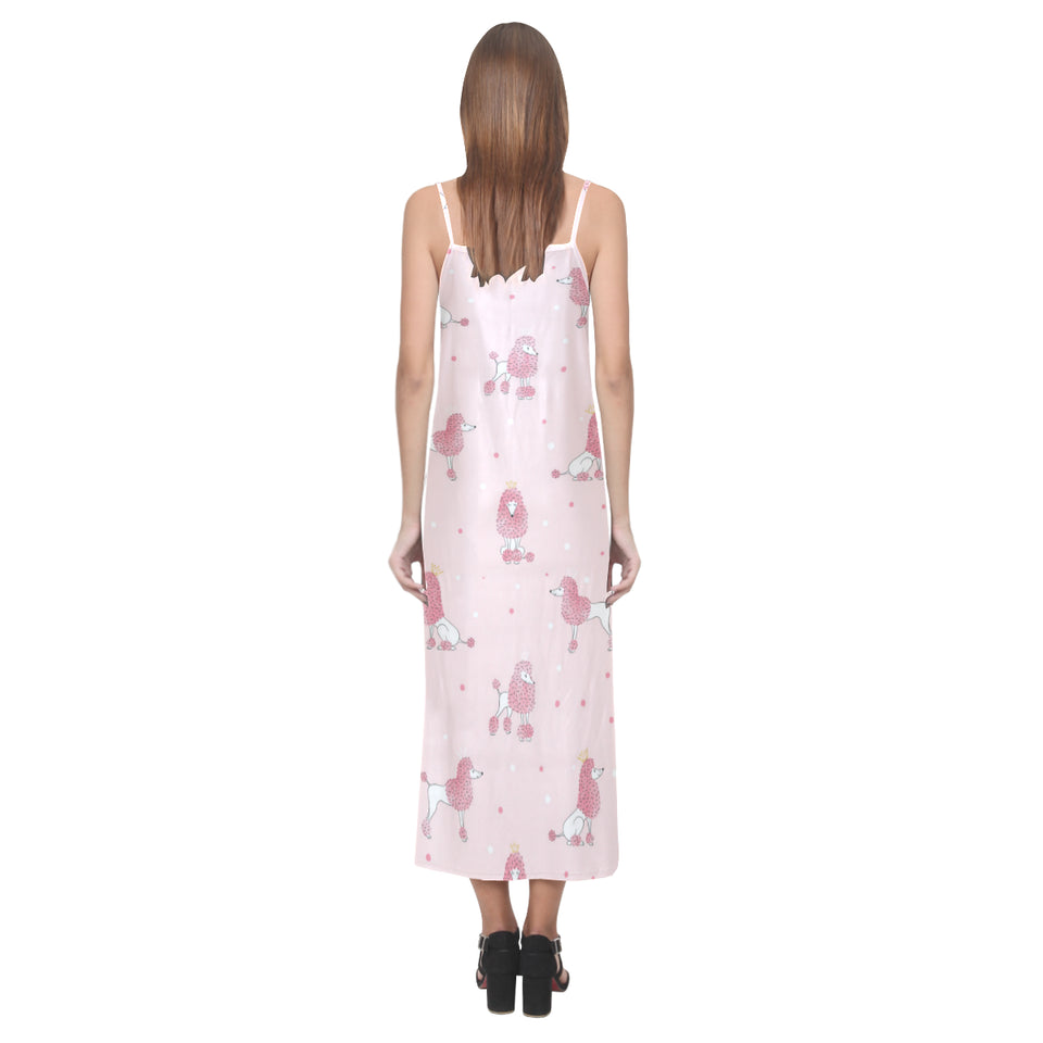 Poodle dog pink color theme V-Neck Open Fork Long Dress