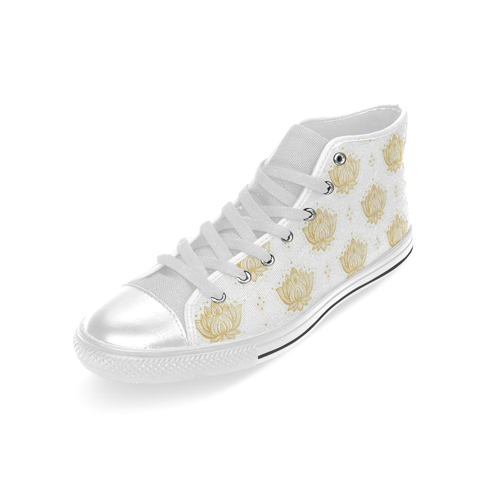 Gold Ornamental lotue waterlily symbol pattern Men's High Top Canvas Shoes White