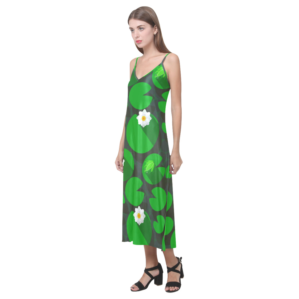 Frog waterlily pattern V-Neck Open Fork Long Dress