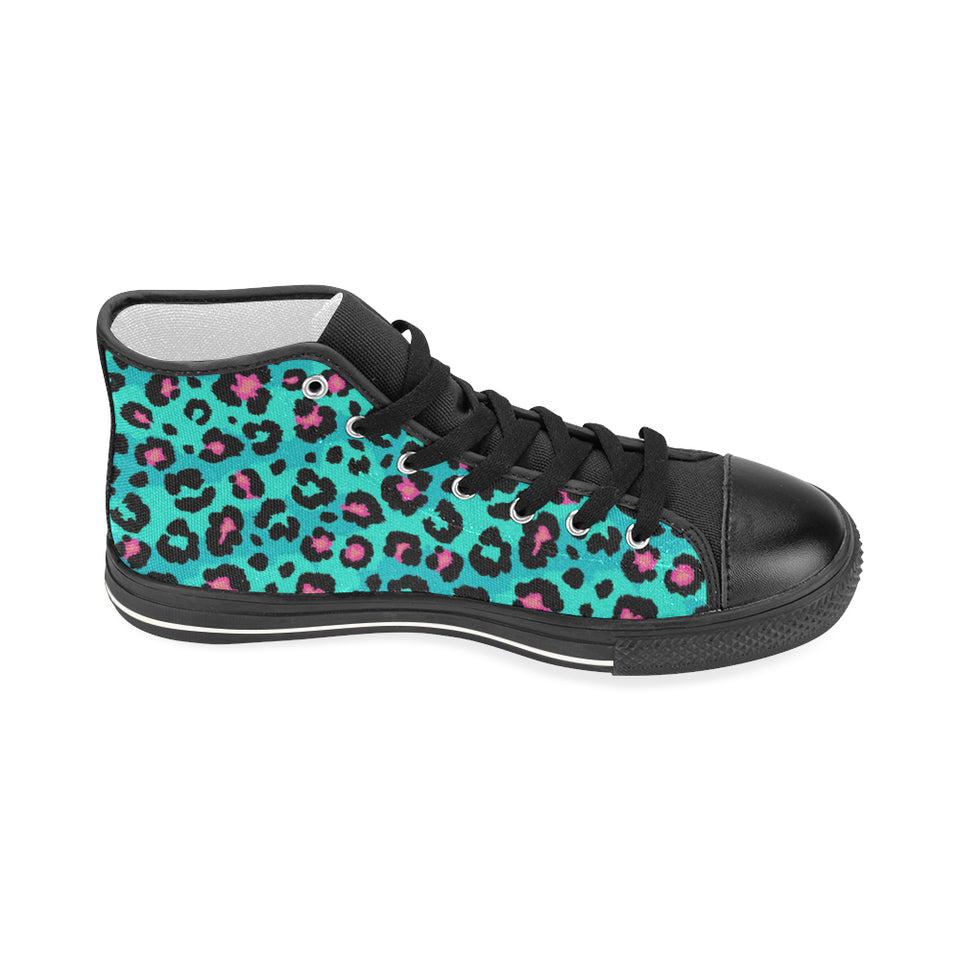 Green leopard skin print pattern Women's High Top Canvas Shoes Black