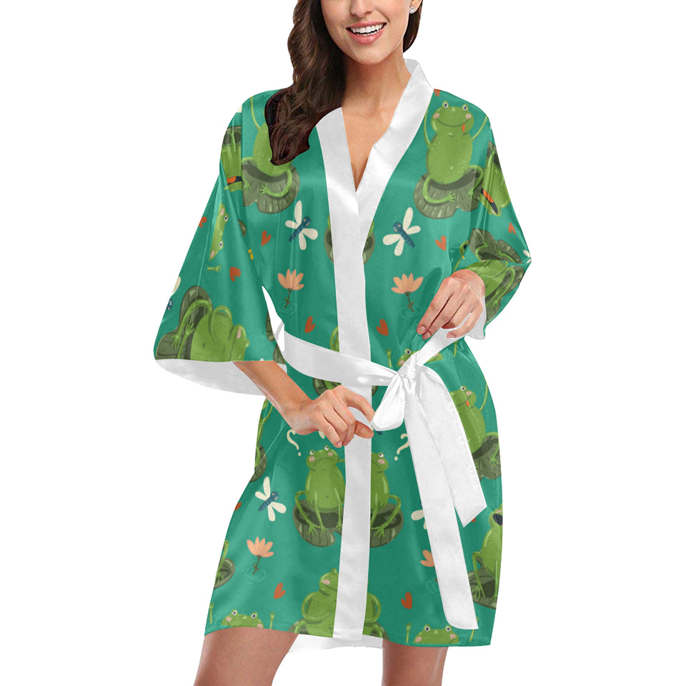 Cute frog dragonfly design pattern Women's Short Kimono Robe