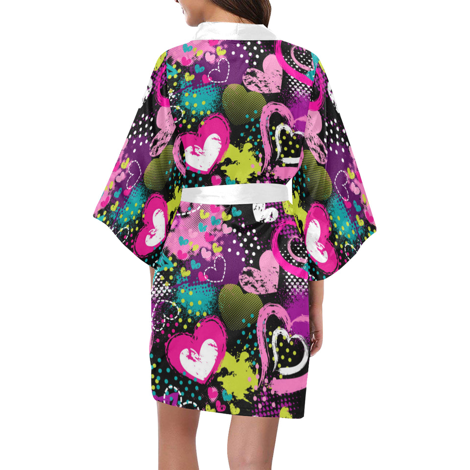 heart dot wave star creative design pattern Women's Short Kimono Robe
