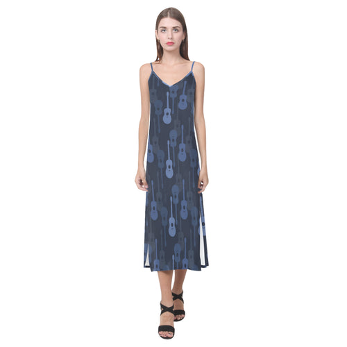 Blue Theme guitar pattern V-Neck Open Fork Long Dress
