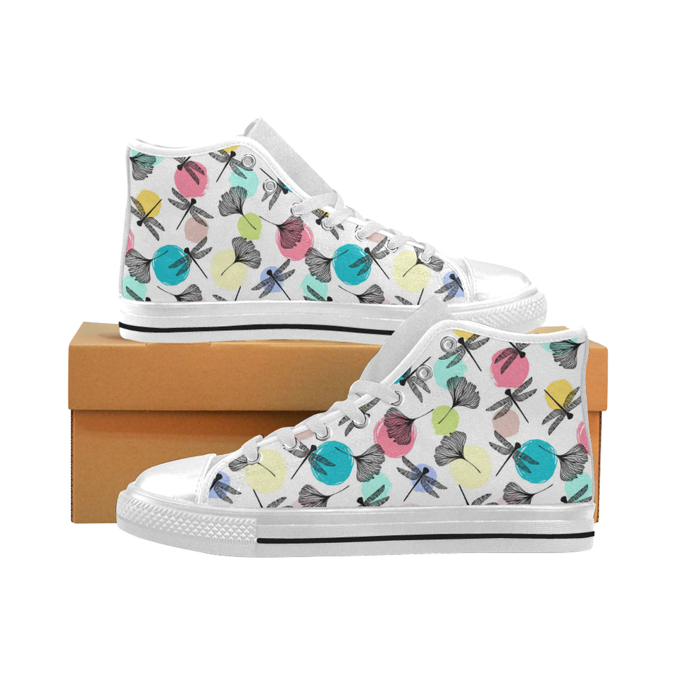 Dragonflies ginkgo leaves pattern Men's High Top Canvas Shoes White