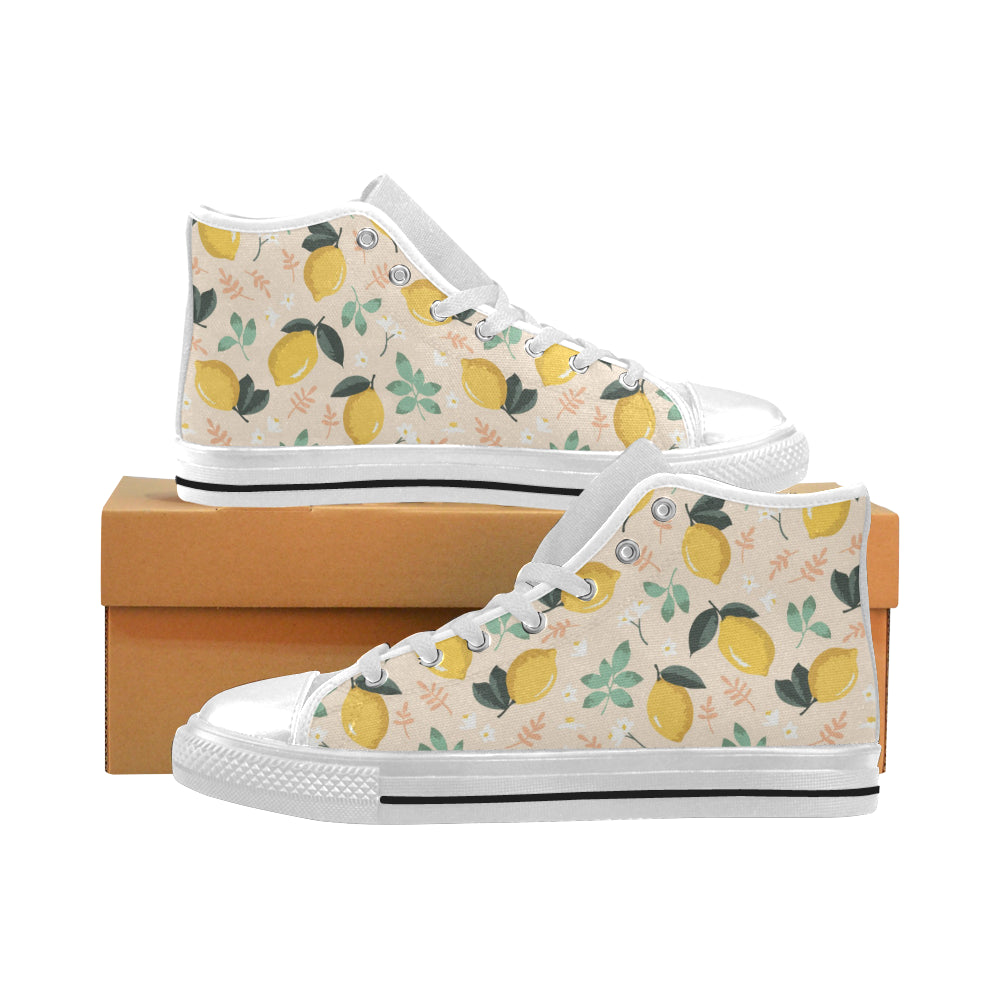 lemon flower leave pattern Men's High Top Canvas Shoes White