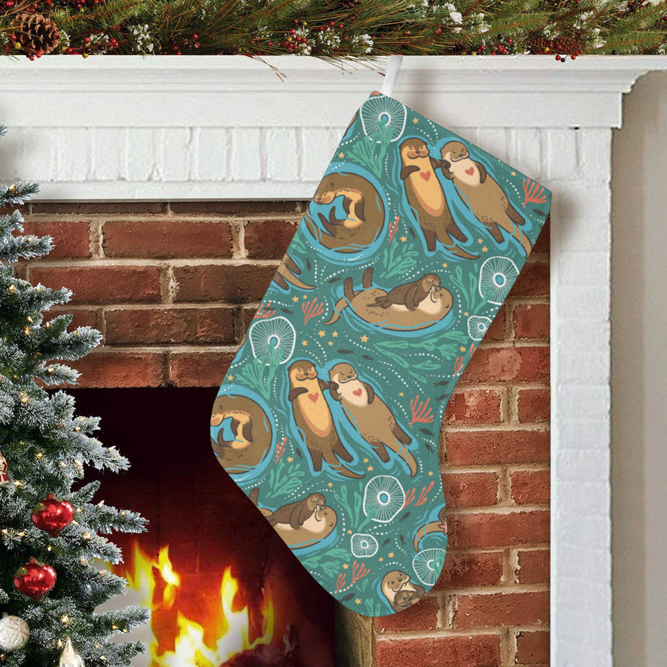 cute brown sea otters ornamental seaweed corals gr Christmas Stocking