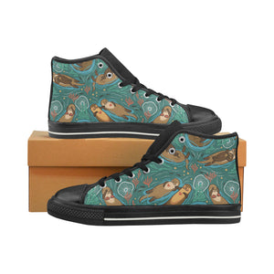 cute brown sea otters ornamental seaweed corals gr Women's High Top Canvas Shoes Black