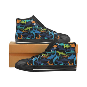 Colorful shark Women's High Top Canvas Shoes Black