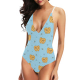 Brown cute pomeranian blue blackground Women's One-Piece Swimsuit