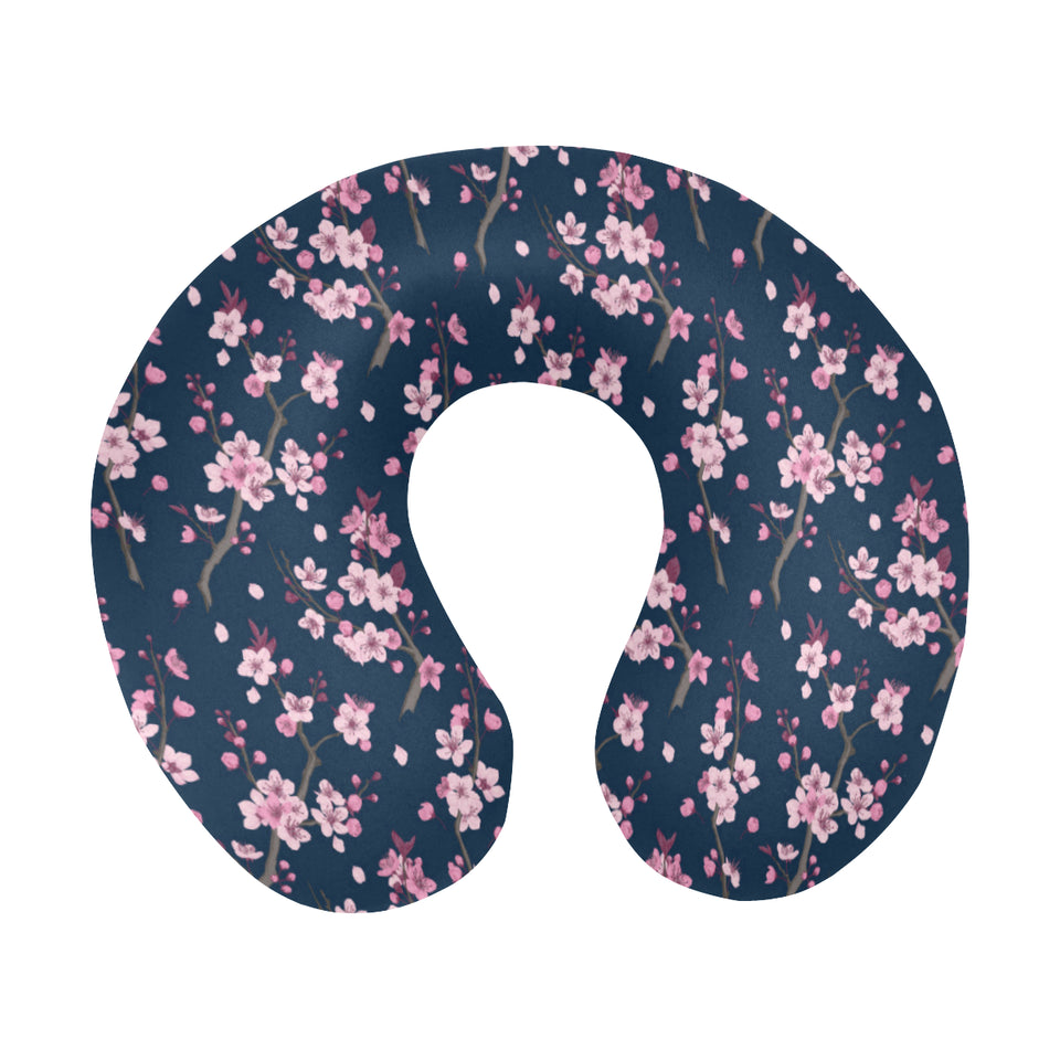 Pink sakura cherry blossom blue background U-Shaped Travel Neck Pillow