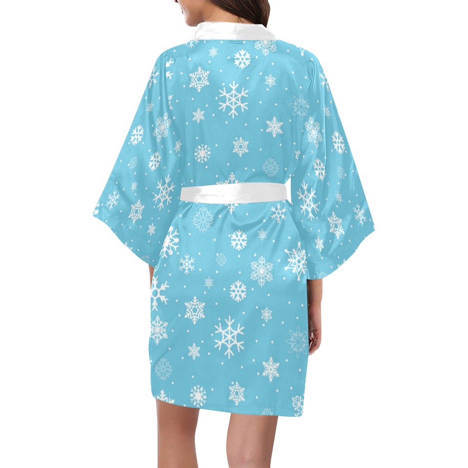 Snowflake pattern blue background Women's Short Kimono Robe