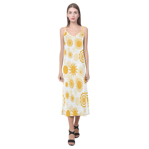 Sun design pattern V-Neck Open Fork Long Dress