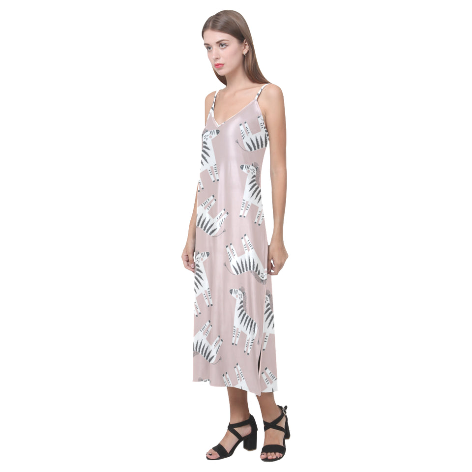 Cute zebra pattern V-Neck Open Fork Long Dress