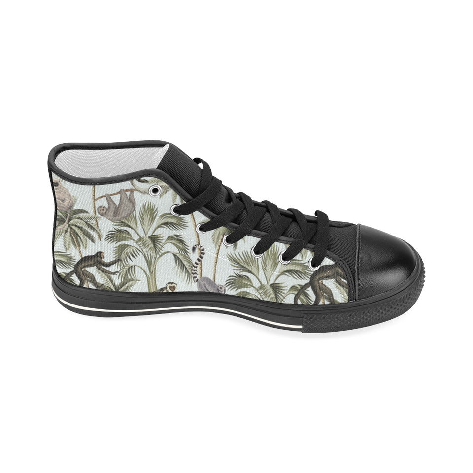 Monkey sloth lemur palm trees pattern Women's High Top Canvas Shoes Black
