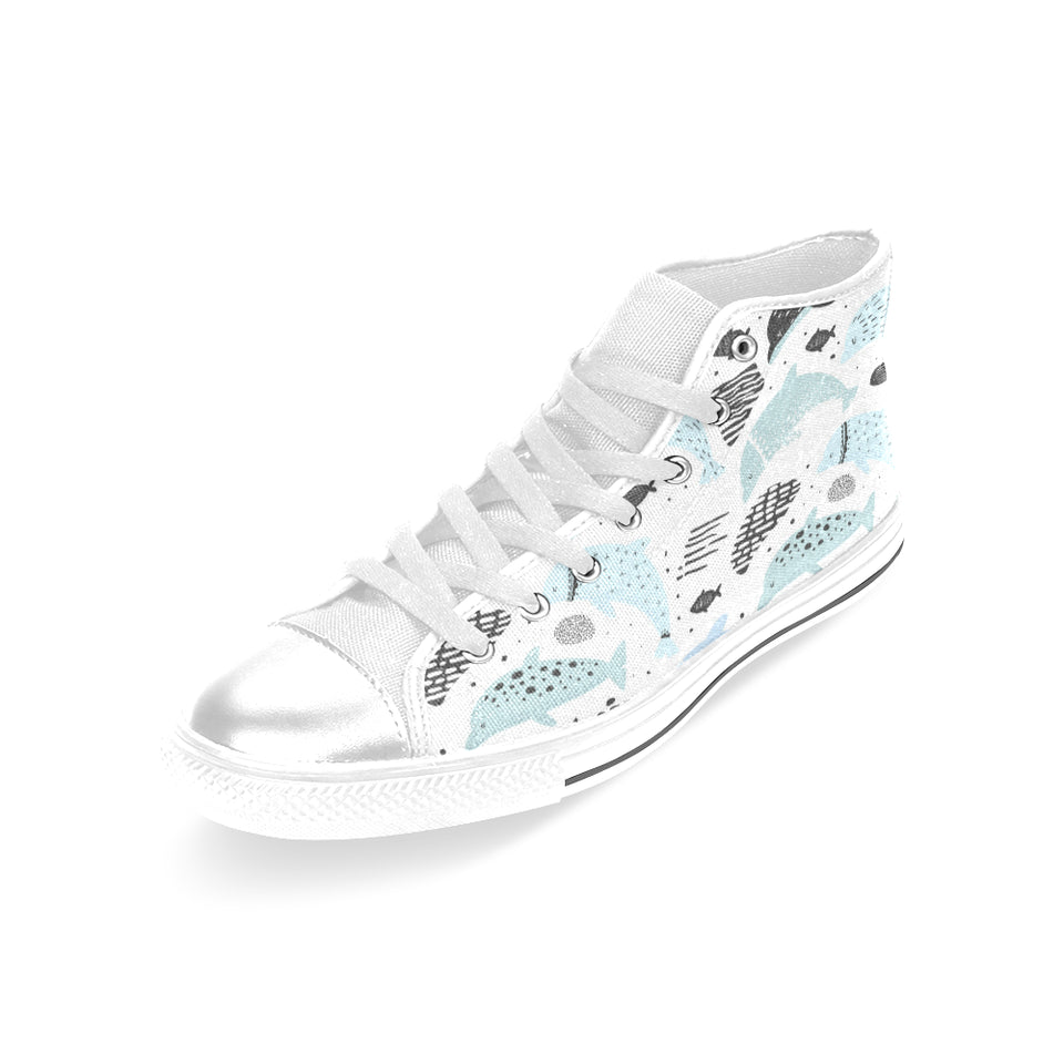Cute dolphins Childish Style pattern Women's High Top Canvas Shoes White
