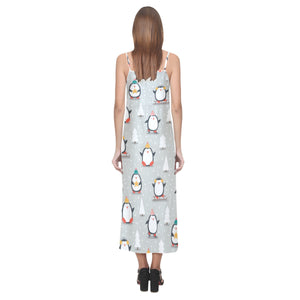 Cute Penguin christmas pattern V-Neck Open Fork Long Dress