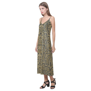 Snake skin pattern V-Neck Open Fork Long Dress
