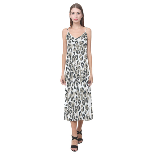 Leopard skin print pattern V-Neck Open Fork Long Dress