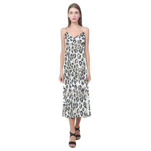 Leopard skin print pattern V-Neck Open Fork Long Dress