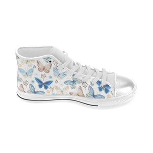 blue butterfly pattern Women's High Top Canvas Shoes White