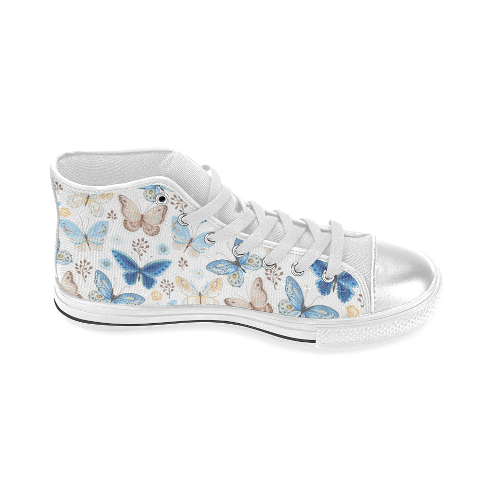 blue butterfly pattern Women's High Top Canvas Shoes White