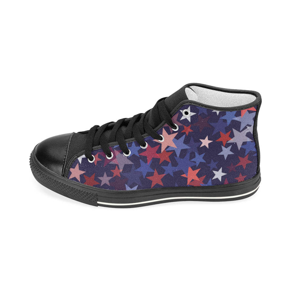 Red blue star pattern Women's High Top Canvas Shoes Black