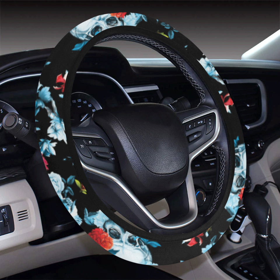 Skull flower roses leave pattern Car Steering Wheel Cover