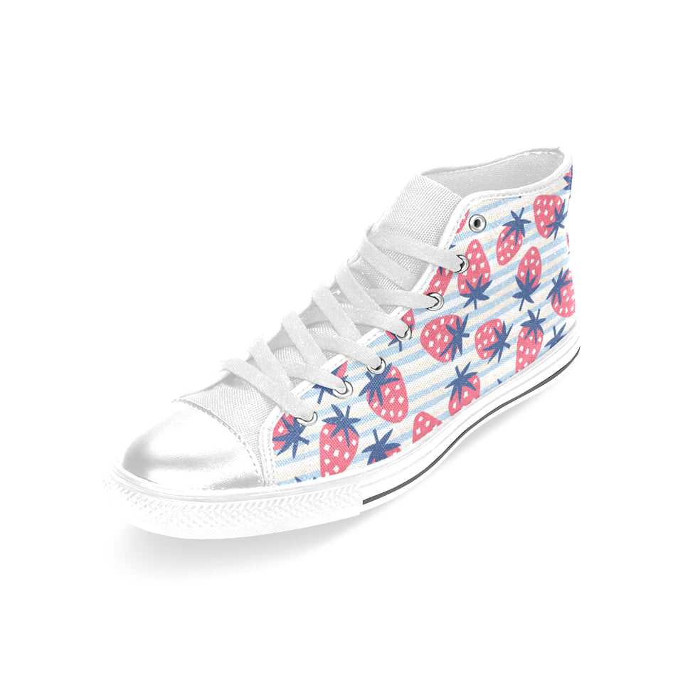 Strawberry pattern blue lines background Women's High Top Canvas Shoes White